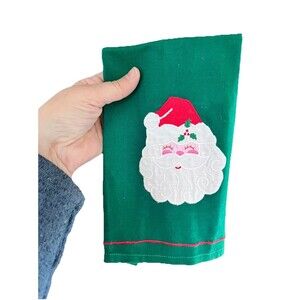 Vintage Christmas Santa Claus Holly Applique Guest Towel Green Cotton Red Trim